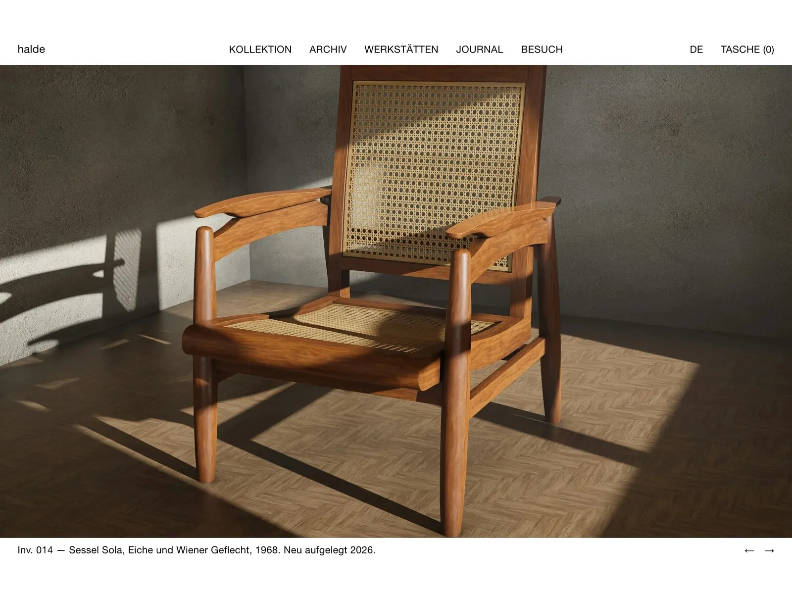 Hero der halde-Website mit Sessel und Inventarangabe