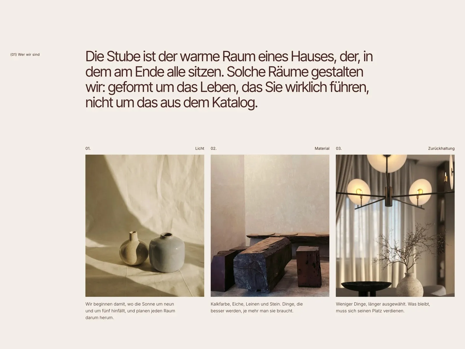 Abschnitt «Wer wir sind» mit den drei Prinzipien Licht, Material und Zurückhaltung