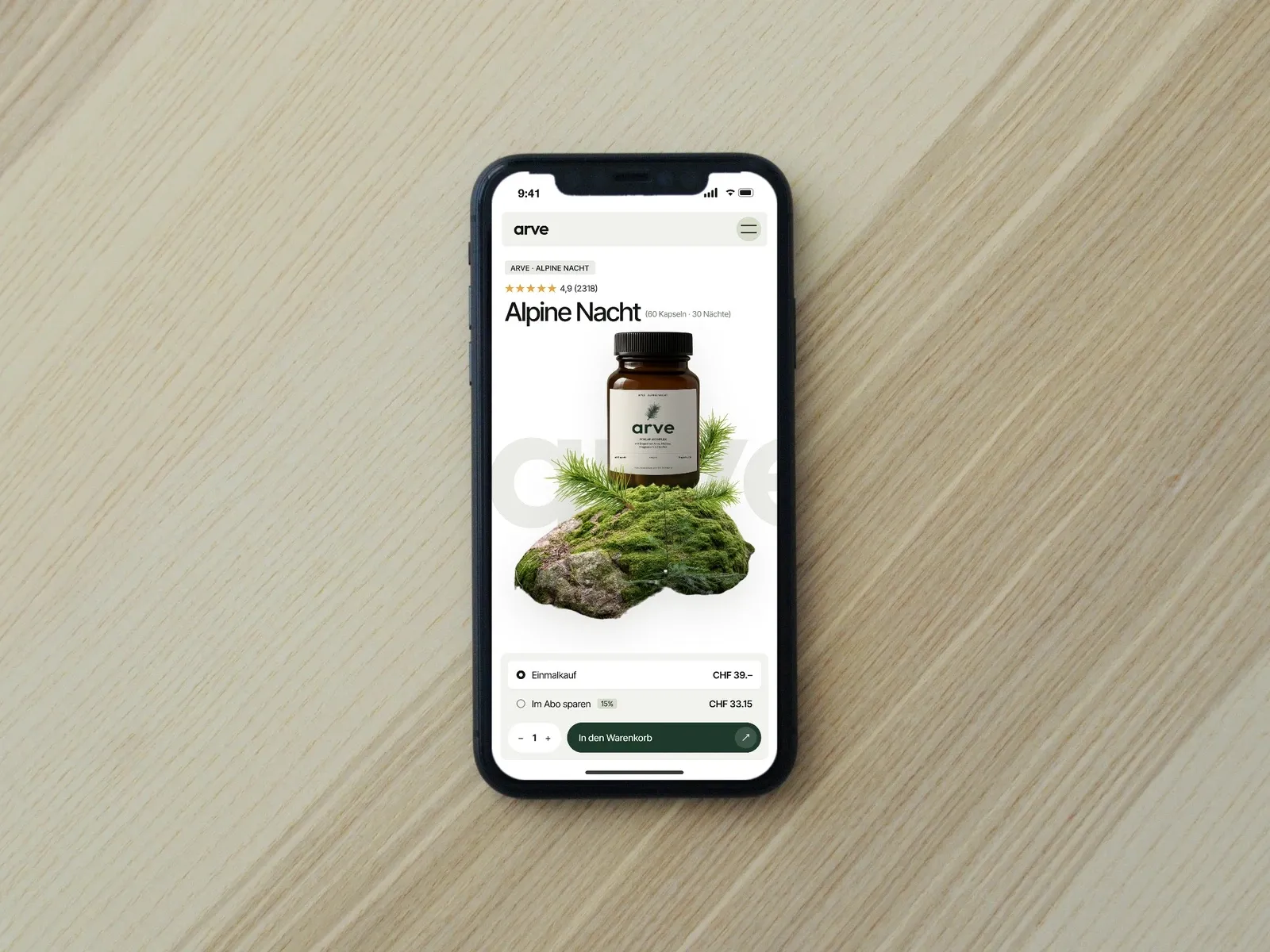 Mobile Ansicht der arve-Produktseite auf einem Smartphone