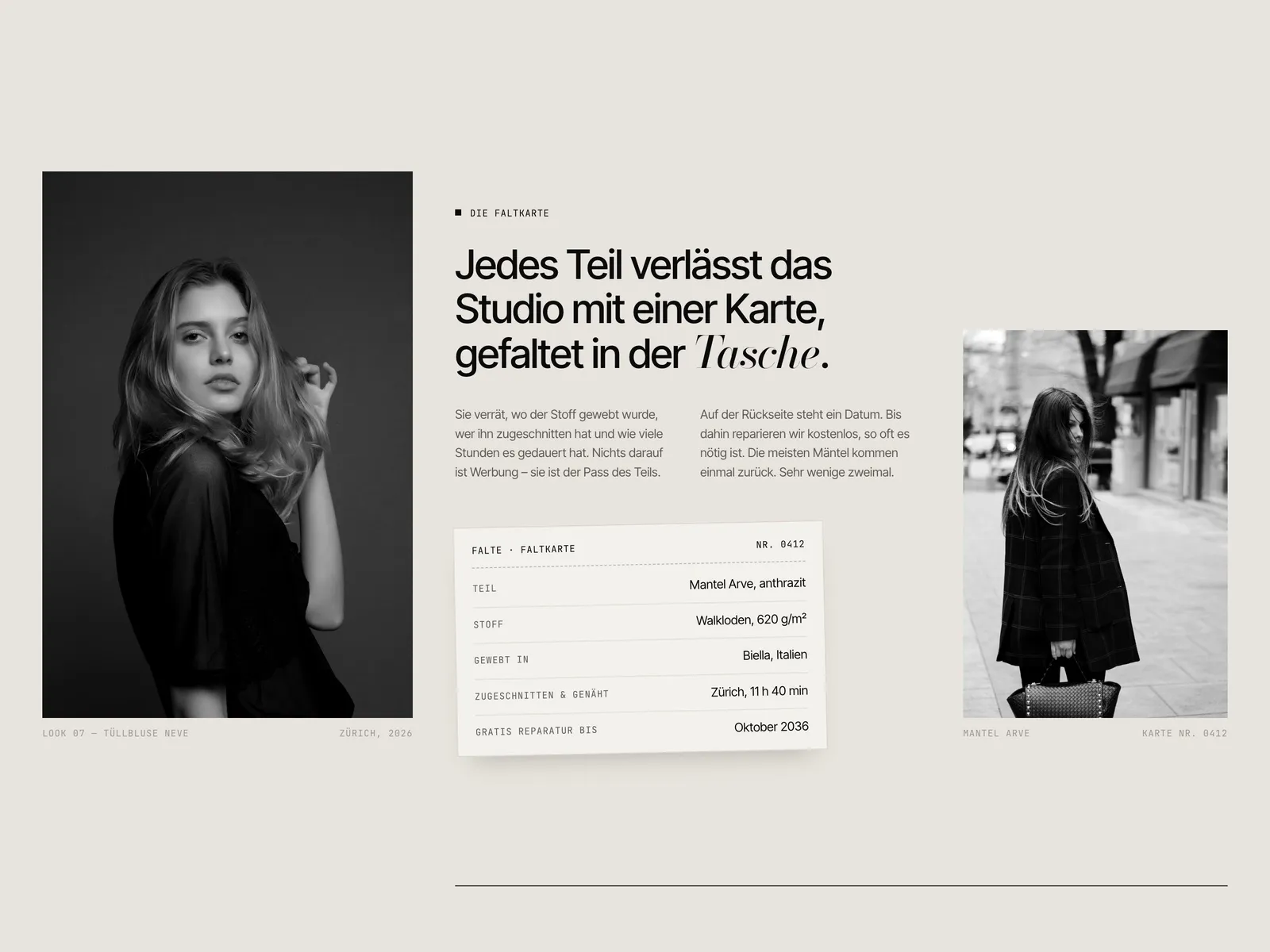 Abschnitt «Die Faltkarte» mit Porträts und einer Produktkarte