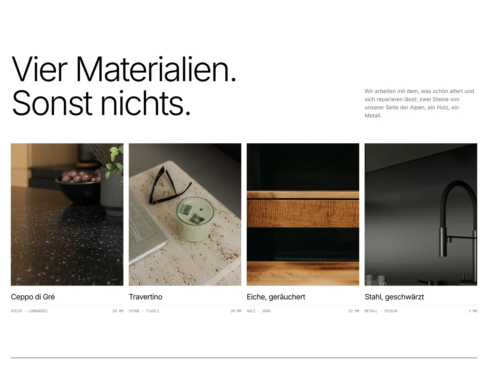 Abschnitt «Vier Materialien. Sonst nichts.» mit Stein, Travertin, Eiche und Stahl