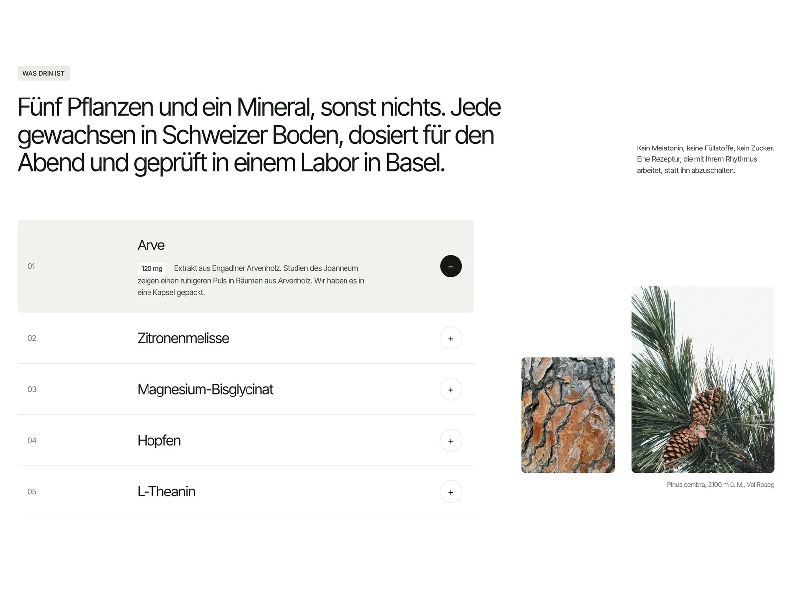 Abschnitt «Was drin ist» mit den Inhaltsstoffen als aufklappbare Liste