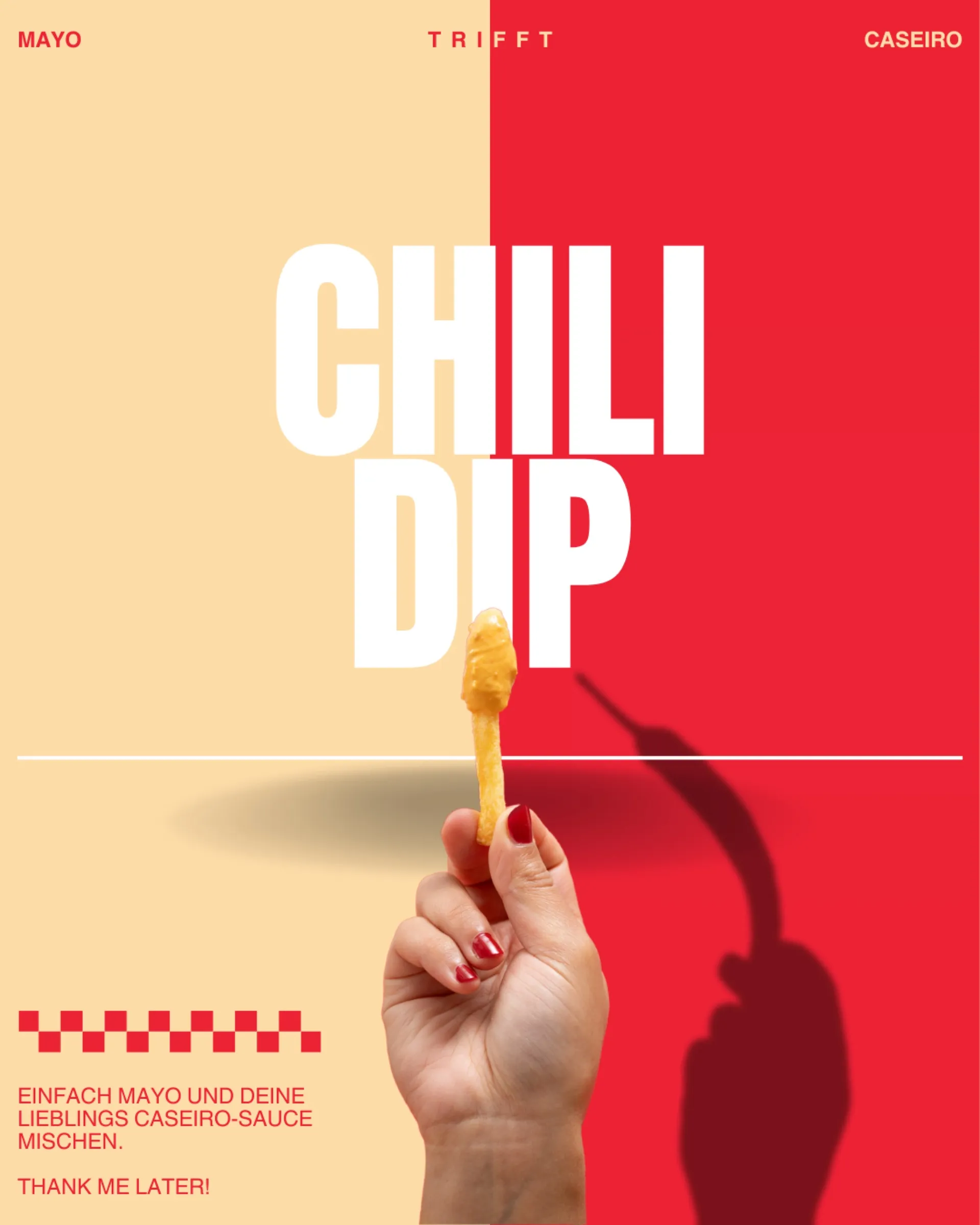 Eine Hand mit einer Pommes und Chili-Caseiro-Dip fotografiert von Mäx Känzig