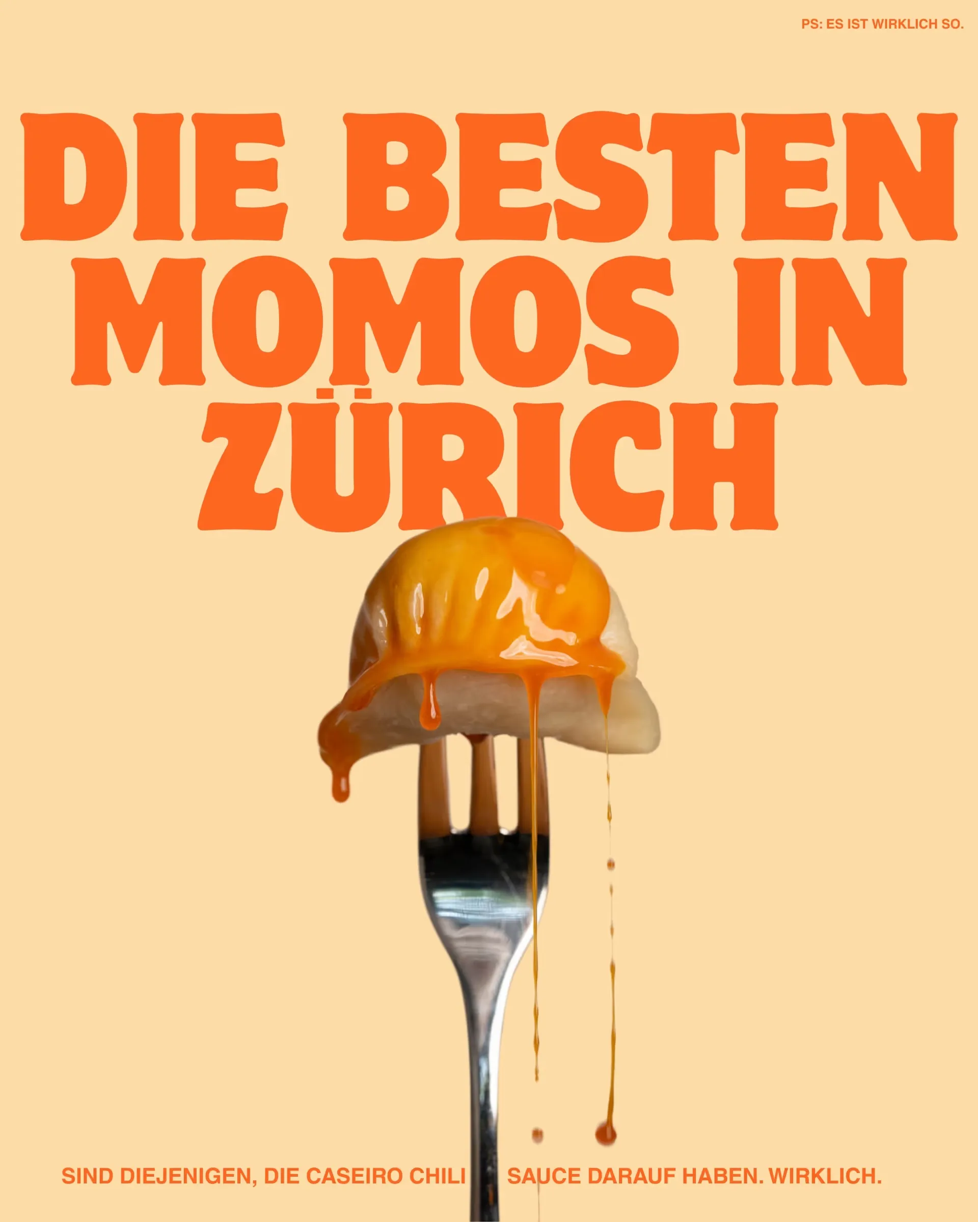 Ein Momo fotografiert von allkind Mäx Känzig, mit Caseiro Chili-Sauce