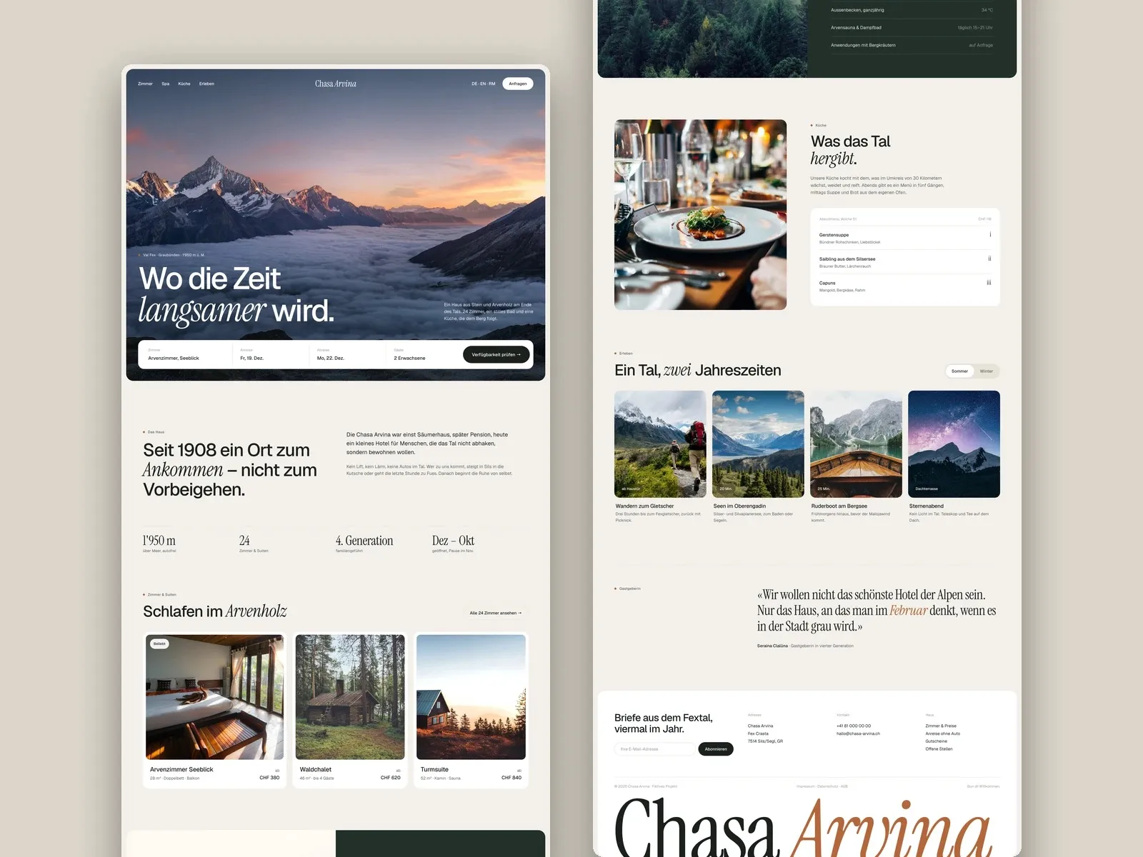 Übersicht der Chasa-Arvina-Website von der Startseite bis zum Footer