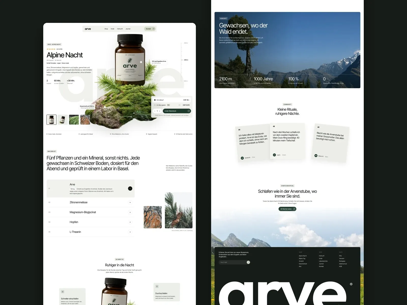 Übersicht der arve-Website von der Produktseite bis zum Footer